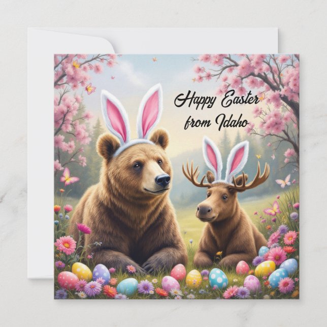 Grizzly bear and ibex with rabbit ears holiday card (Front)