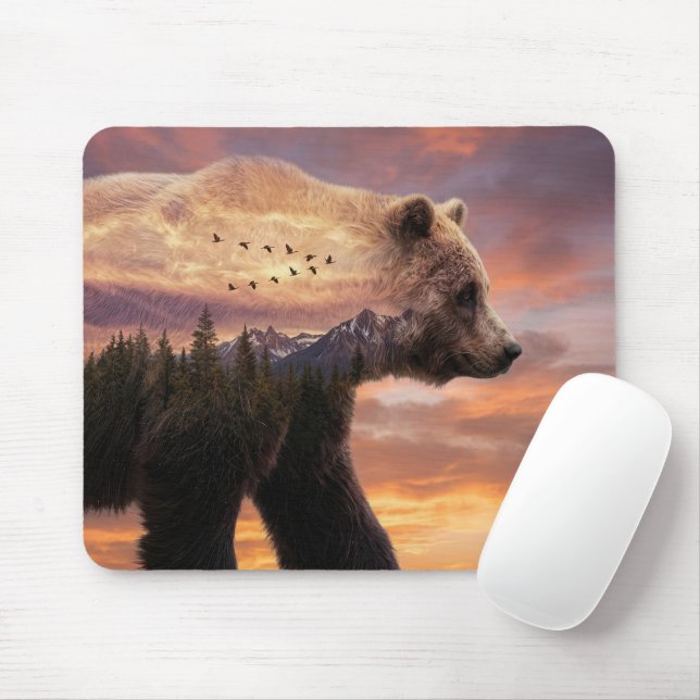 Grizzly Bear and Mountains Double Exposure Mouse Pad (With Mouse)