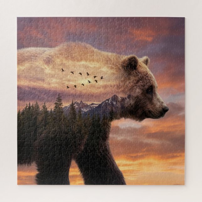 Grizzly Bear and Mountains Scene Double Exposure Jigsaw Puzzle (Vertical)