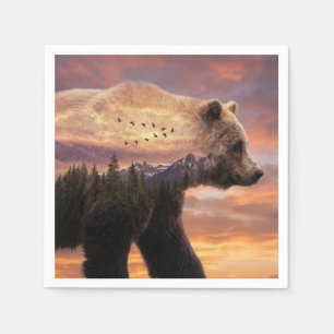 Grizzly Bear and Mountains Scene Double Exposure Napkins