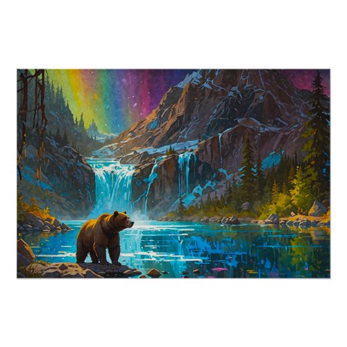 Grizzly Bear and Northern Lights Art Poster