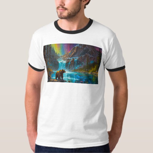 Grizzly Bear and Northern Lights Art T_Shirt