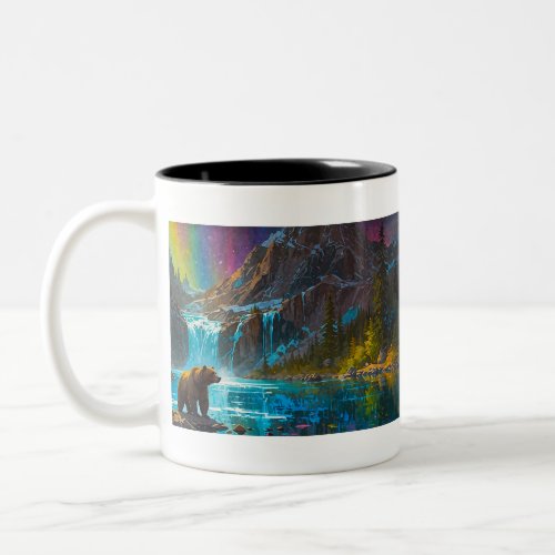 Grizzly Bear and Northern Lights Art Two_Tone Coffee Mug