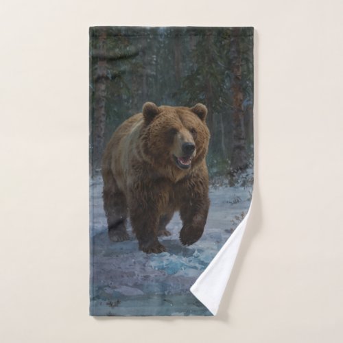 Grizzly Bear and Snowy Trail Wildlife Design Bath Towel Set