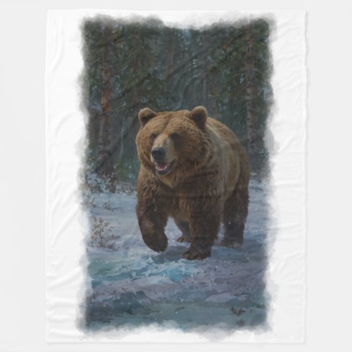 Grizzly Bear and Snowy Trail Wildlife Design Fleece Blanket