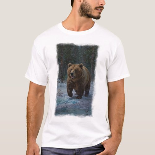 Grizzly Bear and Snowy Trail Wildlife Design T_Shirt