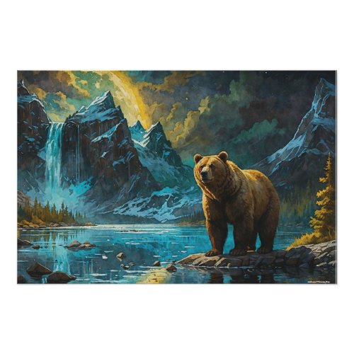 Grizzly Bear and Waterfall Art Poster