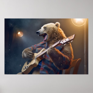 Grizzly Bear Animal Fun Playing Guitar Happy Time Poster