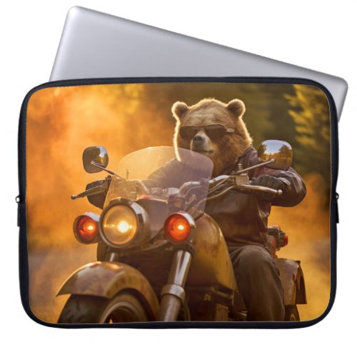 Grizzly Bear Animal Fun Riding Moto Bike Happy  Laptop Sleeve