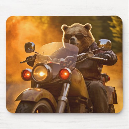 Grizzly Bear Animal Fun Riding Moto Bike Happy  Mouse Pad