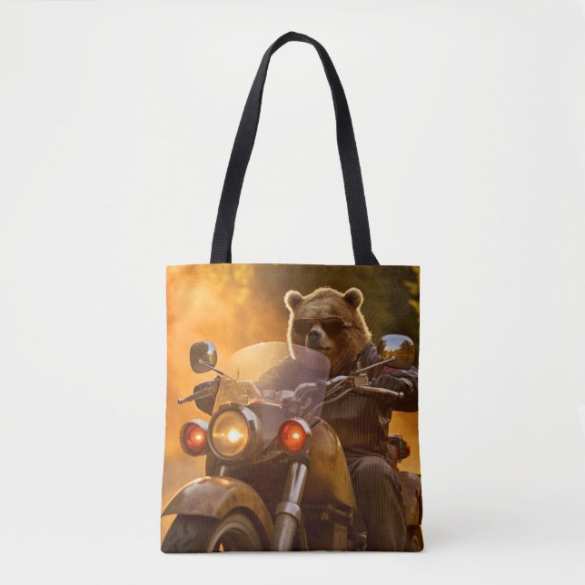 Grizzly Bear Animal Fun Riding Moto Bike Happy  Tote Bag (Front)