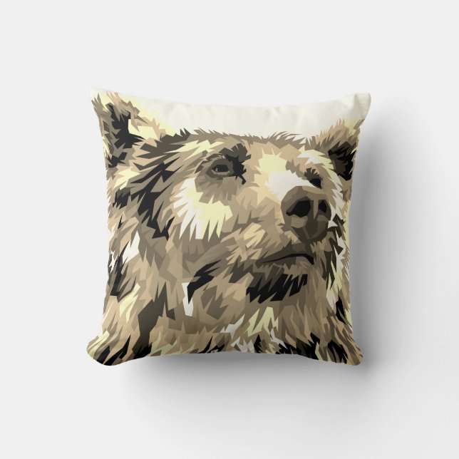 Grizzly bear art brown white cream throw pillow (Front)