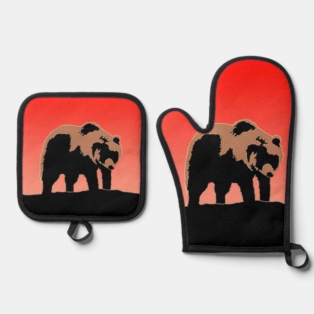 Grizzly Bear at Sunset  - Original Wildlife Art Oven Mitt & Pot Holder Set (Front)