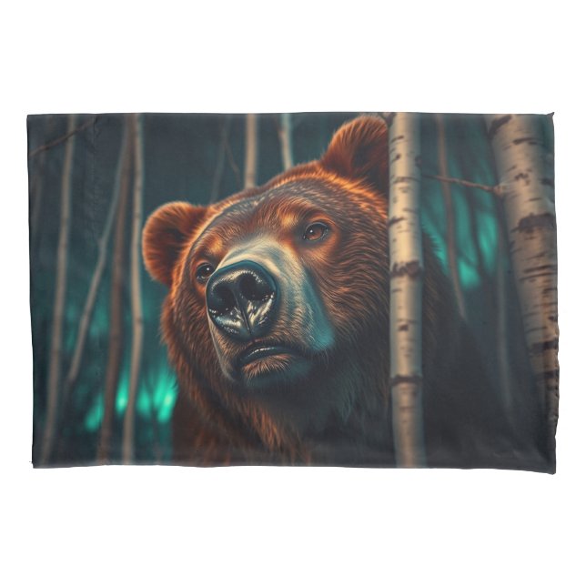 Grizzly Bear, Birches and Aurora Art Pillow Case (Front)