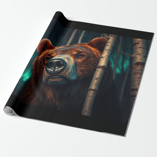 Grizzly Bear, Birches and Aurora Art Wrapping Paper (Unrolled)