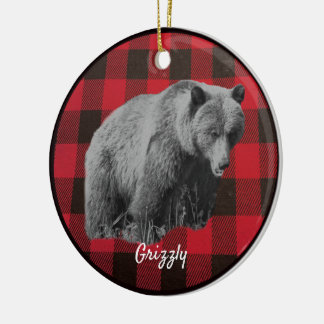 Grizzly Bear Buffalo Plaid Ceramic Ornament