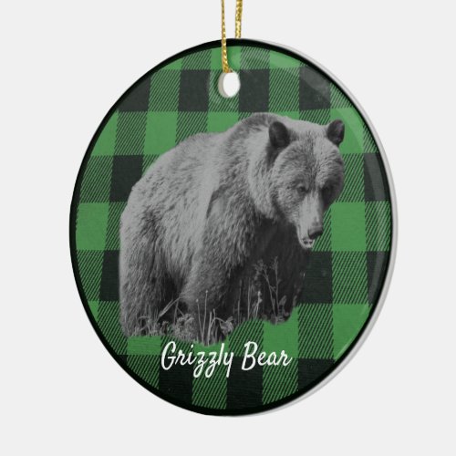Grizzly Bear Buffalo Plaid Ceramic Ornament