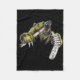 Grizzly Bear Bursting Though Biting Hockey Stick L Fleece Blanket