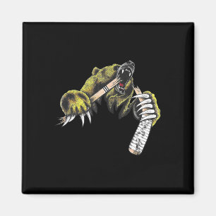 Grizzly Bear Bursting Though Biting Hockey Stick L Magnet
