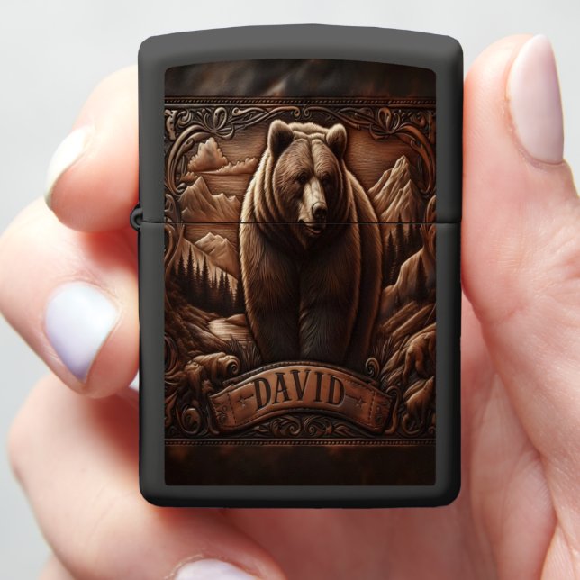 Grizzly Bear Carving in Mountains Zippo Lighter (In Hand)
