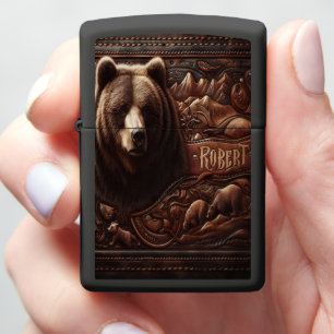 Grizzly Bear Carving on Leather Zippo Lighter