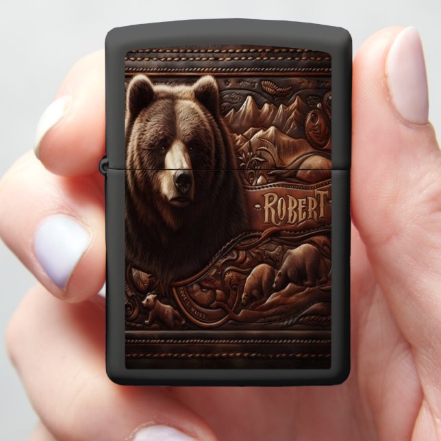 Grizzly Bear Carving on Leather Zippo Lighter (In Hand)