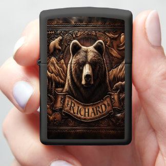 Grizzly Bear Carving With Name Richard Zippo Lighter