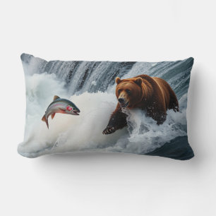 Grizzly Bear Catching Salmon Lumbar Pillow