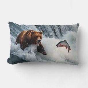 Grizzly Bear Catching Salmon Lumbar Pillow