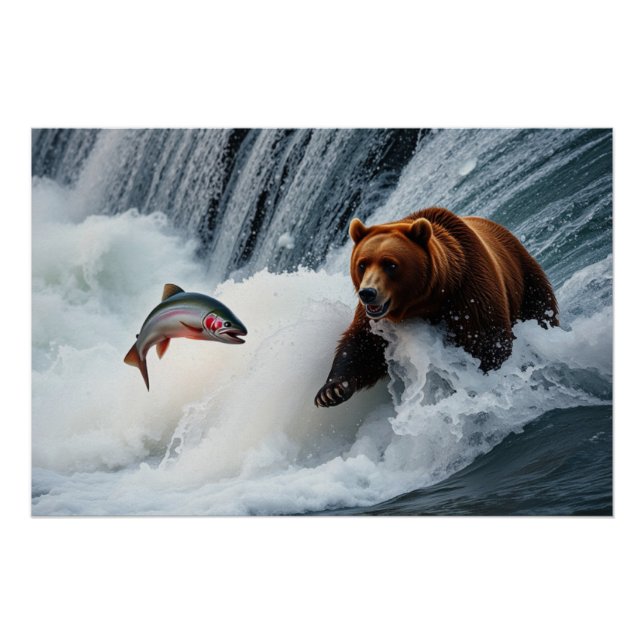 Grizzly Bear Catching Salmon Poster (Front)