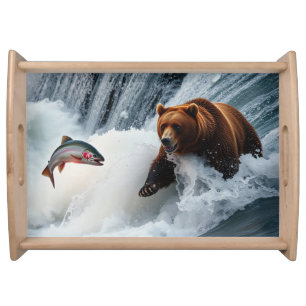 Grizzly Bear Catching Salmon Serving Tray