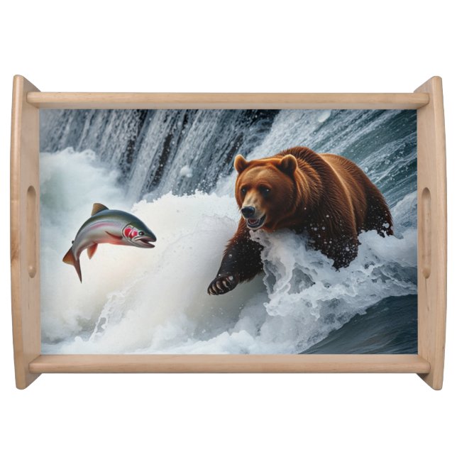 Grizzly Bear Catching Salmon Serving Tray (Front)