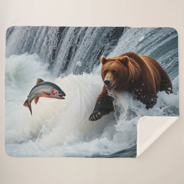 Grizzly Bear Catching Salmon Sherpa Blanket (Front (Horizontal))