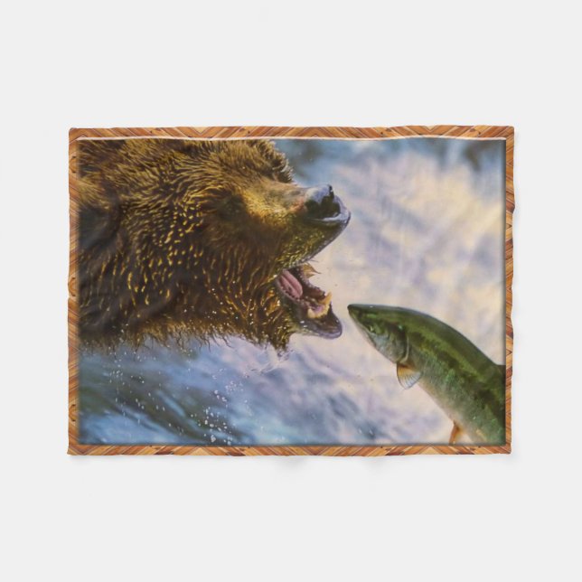 Grizzly Bear Catching Steelhead Salmon Fleece Blanket (Front (Horizontal))
