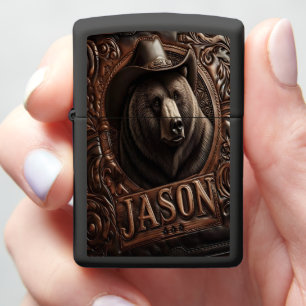 Grizzly Bear Cowboy Carving Zippo Lighter