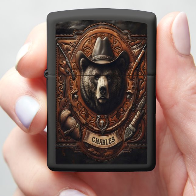 Grizzly Bear Cowboy Portrait Zippo Lighter (In Hand)