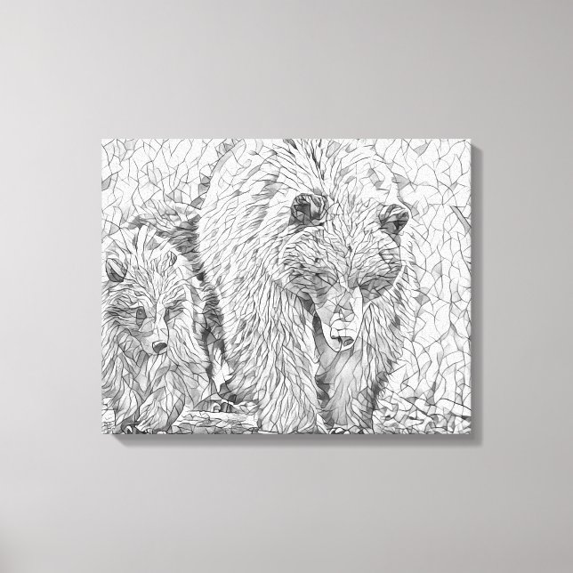 Grizzly Bear & Cub Gray scale abstract coloring  Canvas Print (Front)
