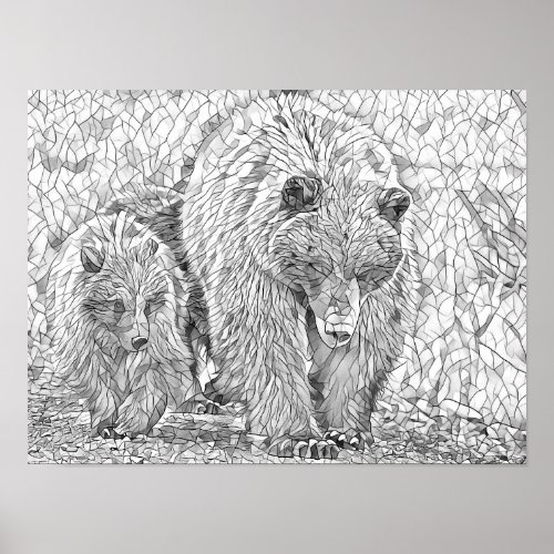 Grizzly Bear  Cub Gray scale abstract coloring Poster