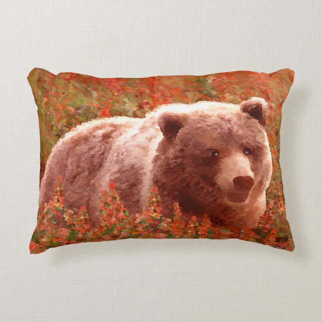 Grizzly Bear Cub in Fireweed Painting Wildlife Art Accent Pillow (Front)