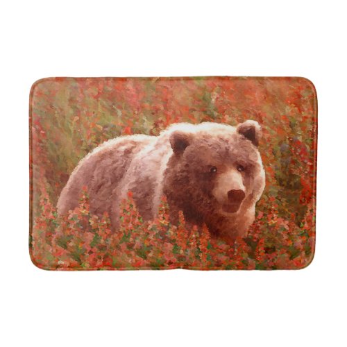 Grizzly Bear Cub in Fireweed Painting Wildlife Art Bath Mat