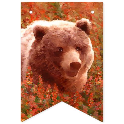 Grizzly Bear Cub in Fireweed Painting Wildlife Art Bunting Flags