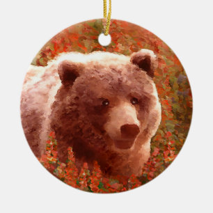 Grizzly Bear Cub in Fireweed Painting Wildlife Art Ceramic Ornament