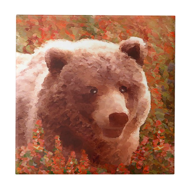 Grizzly Bear Cub in Fireweed Painting Wildlife Art Ceramic Tile (Front)