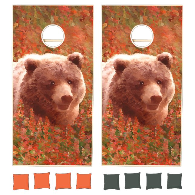 Grizzly Bear Cub in Fireweed Painting Wildlife Art Cornhole Set (Set)