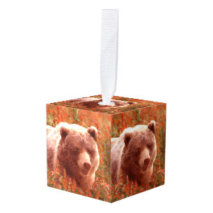 Grizzly Bear Cub in Fireweed Painting Wildlife Art Cube Ornament
