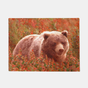 Grizzly Bear Cub in Fireweed Painting Wildlife Art Doormat