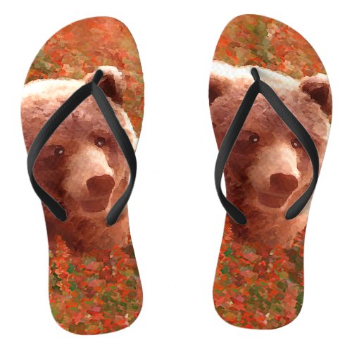 Grizzly Bear Cub in Fireweed Painting Wildlife Art Flip Flops