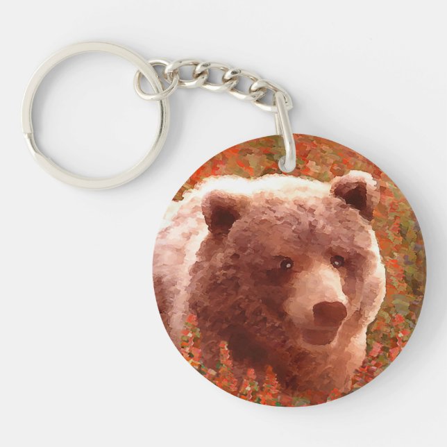 Grizzly Bear Cub in Fireweed Painting Wildlife Art Keychain (Front)