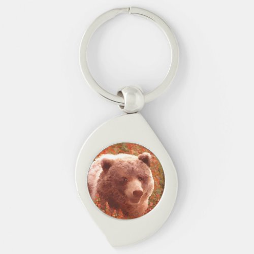 Grizzly Bear Cub in Fireweed Painting Wildlife Art Keychain