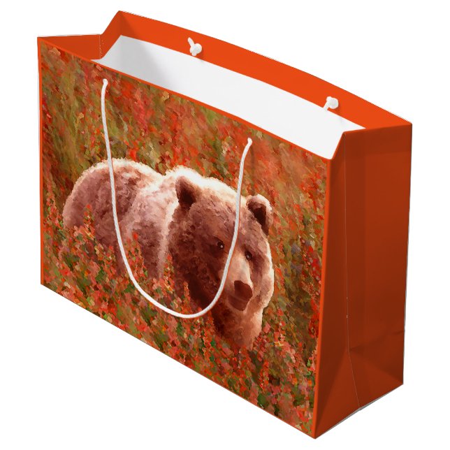 Grizzly Bear Cub in Fireweed Painting Wildlife Art Large Gift Bag (Back Angled)